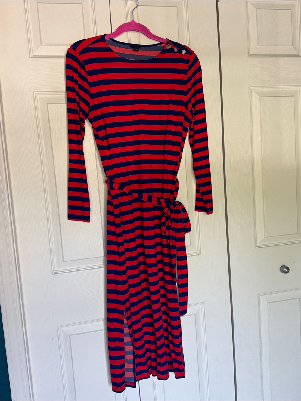Ann Taylor Red & Navy Striped Midi Tie-Waist Dress